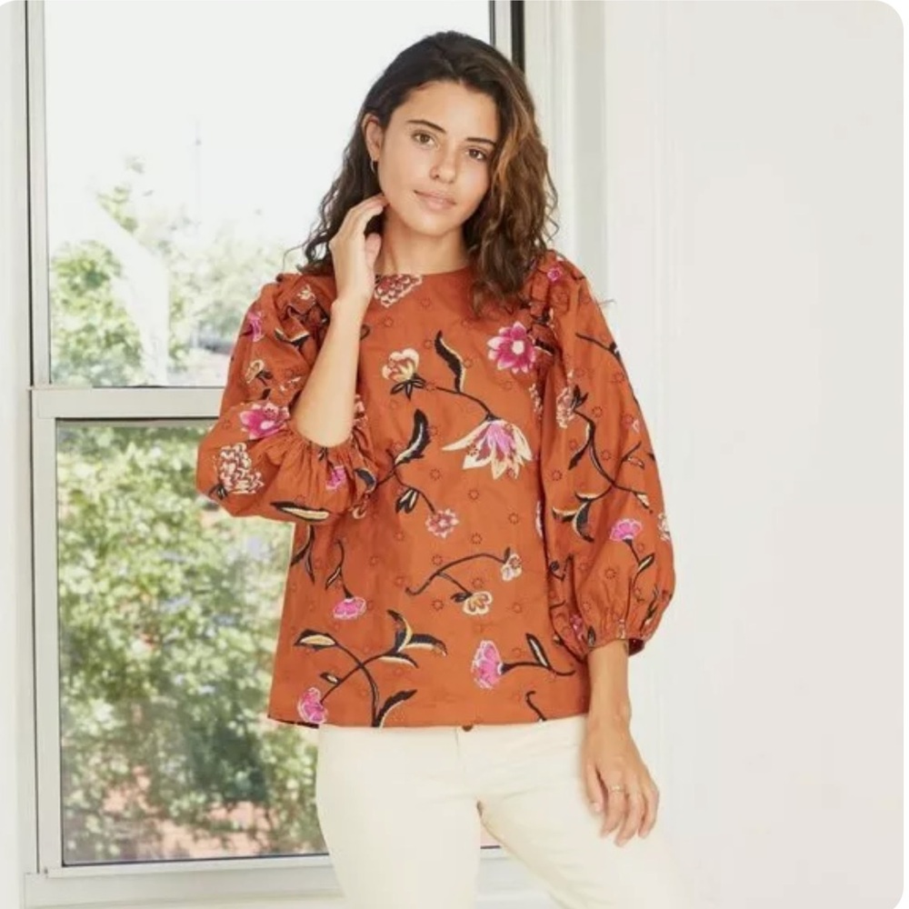 Universal Thread Rust Floral Puff-Sleeve Blouse with Pink Accents